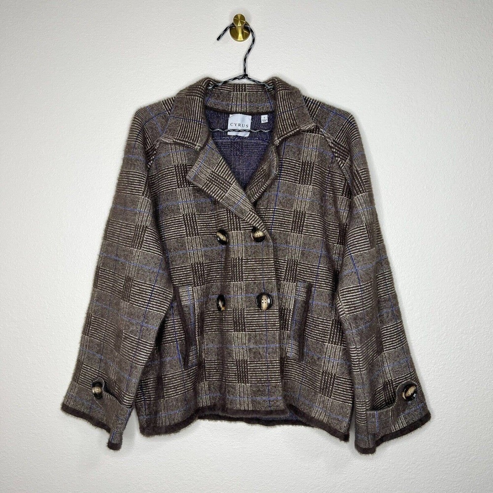 Cyrus Knits Brown & Blue Glen Plaid Collared Peacoat Sweater Jacket Sz S